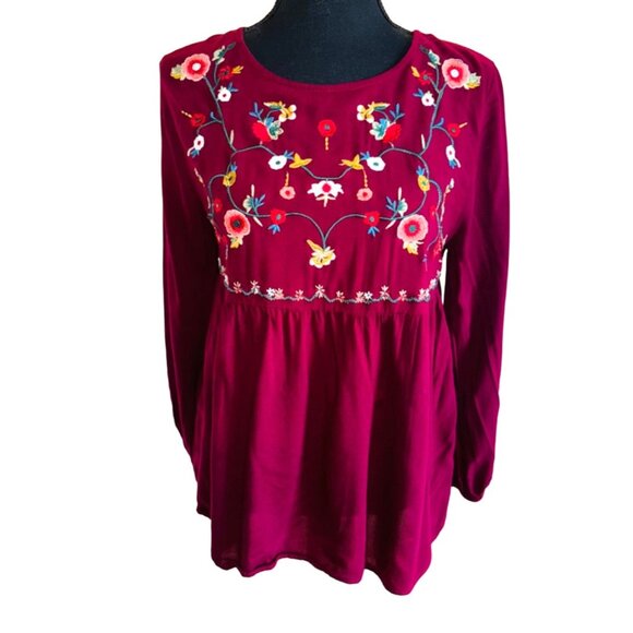 Jodiel Cottage Core Boho Chic Peasant Wine Red Floral Embroidered Blouse M - Picture 1 of 12